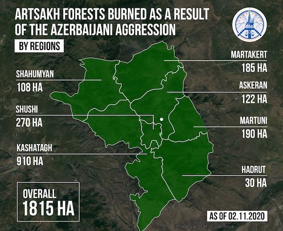 A map pinpointing the forests that were burned in Artsakh by Azerbaijan